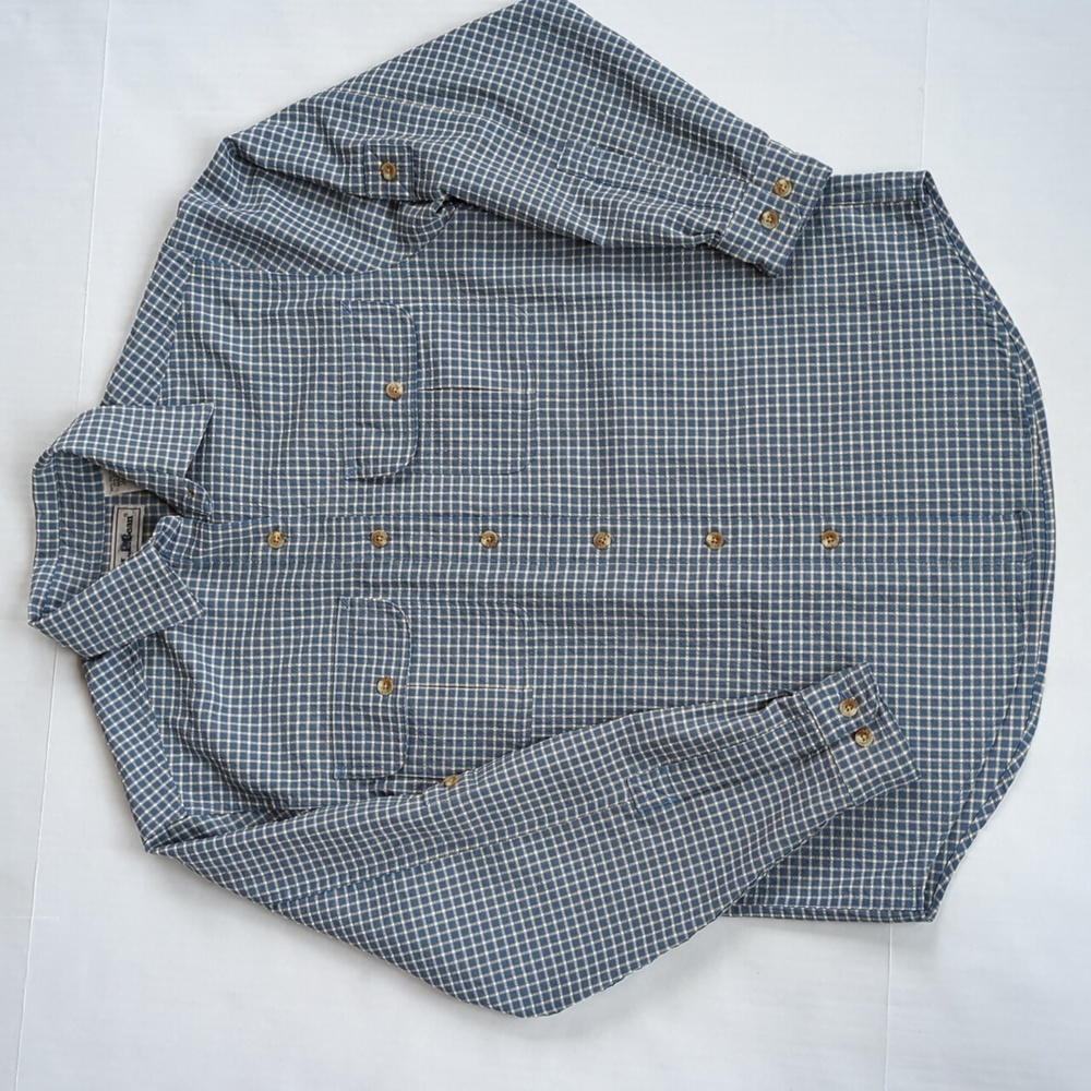 L.L. Bean Travel Checkered Plaid Button Down Button Tab Shirt SM Blue FLAW